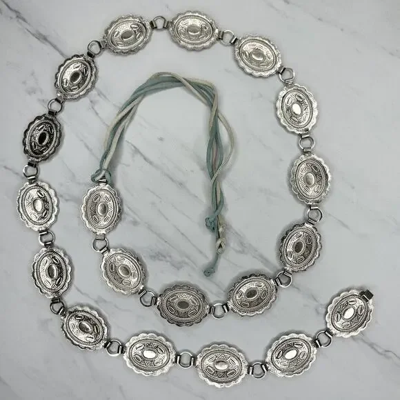 Faux Turquoise Scalloped Concho Silver Tone Chain Belt One Size (OS) Western ✨ - Picture 2 of 12